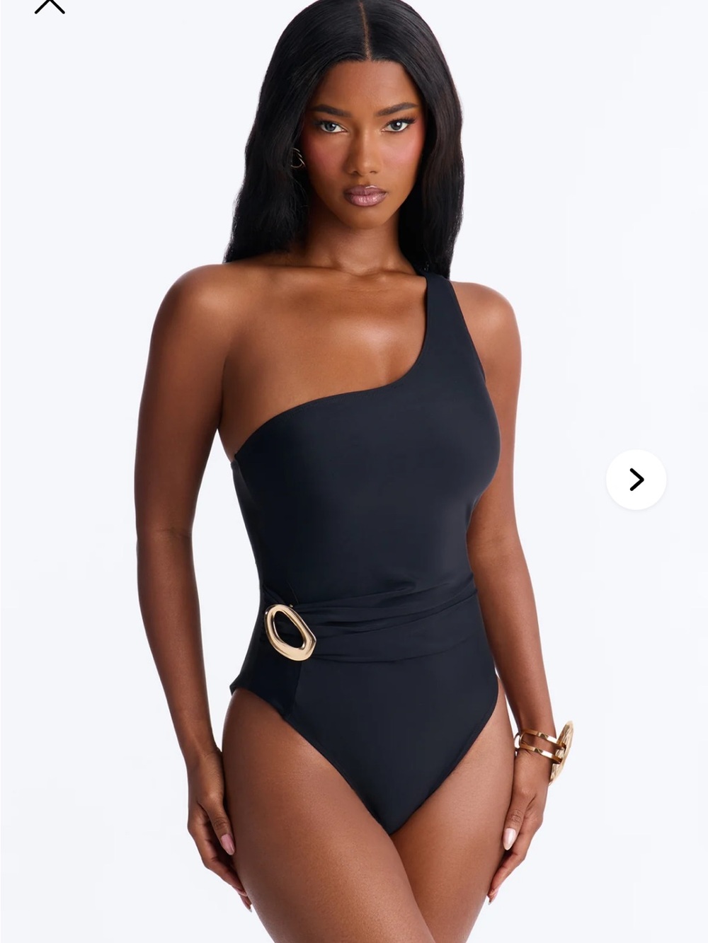 One-Shoulder Black Women’s Swimsuit with Gold Accent, New with tags.